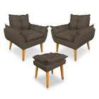 Kit 2 Poltronas Decorativa E Puff Opala Luxo Linho Marrom Dal