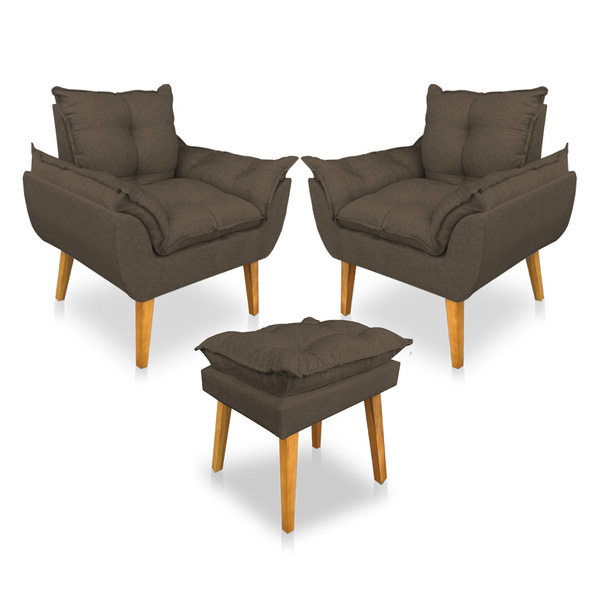 Kit 2 Poltronas Decorativa E Puff Opala Luxo Linho Marrom Dal