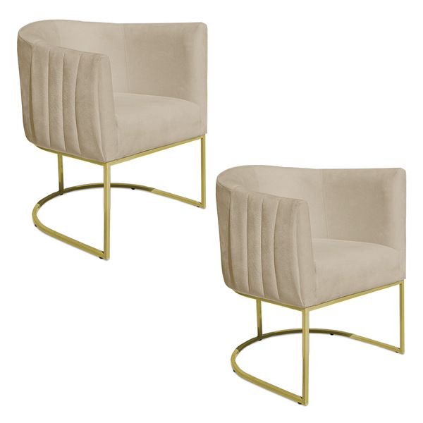 Kit 2 Poltronas Decorativa Elisa Suede Bege Base De Ferro Dou