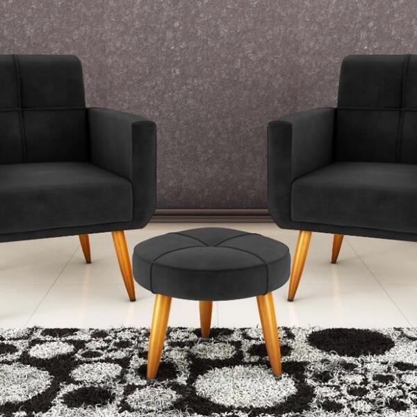 Kit 2 Poltronas Decorativa Havana Com Puff - Preto Veludo