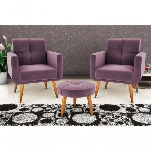 Kit 2 Poltronas Decorativa Havana Com Puff - Rosê Veludo