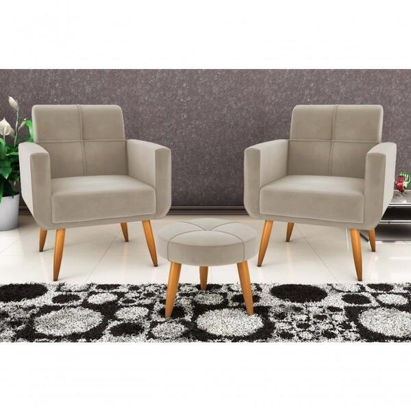 Kit 2 Poltronas Decorativa Havana Puff Marrom Claro Veludo
