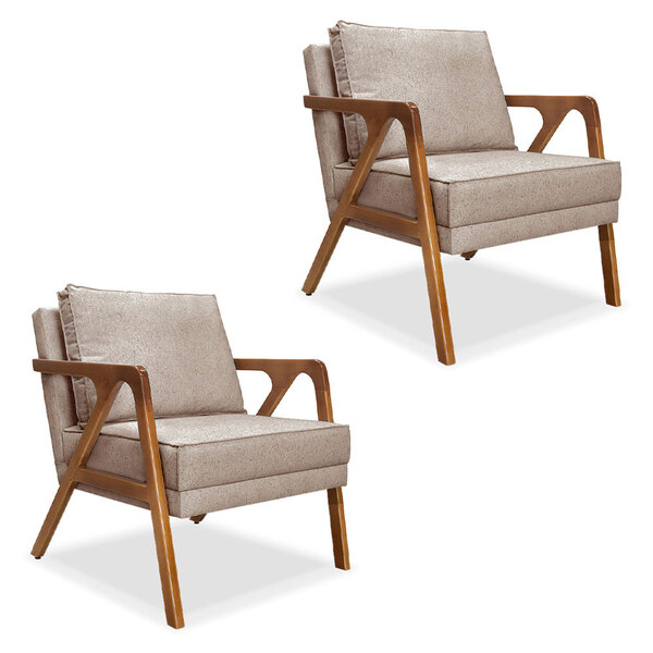 Kit 2 Poltronas Decorativa Luiza Linho Base Em Madeira Castan