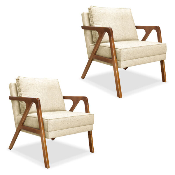 Kit 2 Poltronas Decorativa Luiza Linho Bege Base Em Madeira C