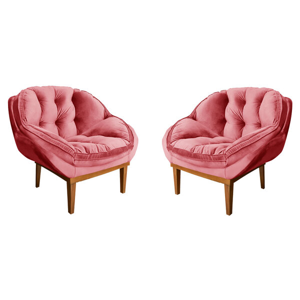 Kit 2 Poltronas Decorativa Marcela Veludo Rosa Base Madeira C