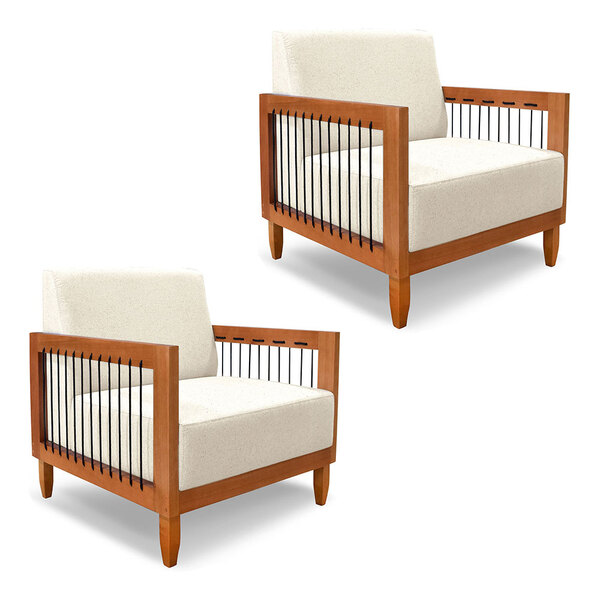 Kit 2 Poltronas Decorativa Marilia Linho Natural Base Em Made