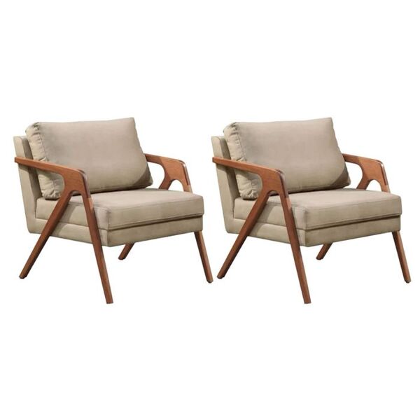 Kit 2 Poltronas Decorativa Mona Luxo Veludo Bege Base Madeira