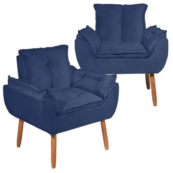 Kit 2 Poltronas Decorativa Opala Tecido Veludo Azul Pés Palit