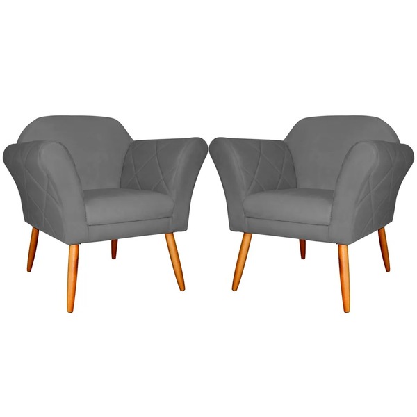 Kit 2 Poltronas Decorativa Para Sala Marcela Suede Cinza