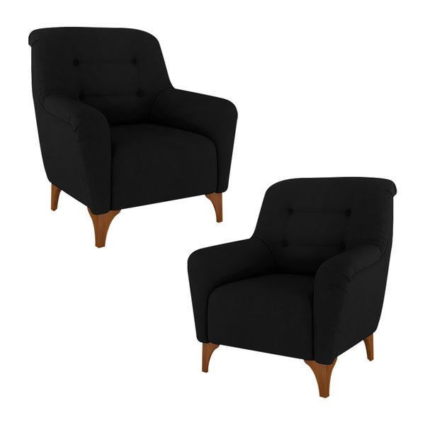 Kit 2 Poltronas Decorativa Pés Madeira Kunis Veludo Preto - G