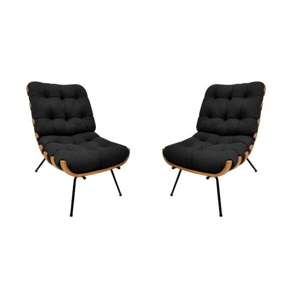 Kit 2 Poltronas Decorativas Costela Recepção Suede Preto
