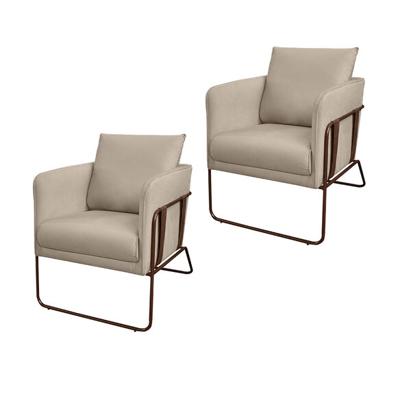 Kit 2 Poltronas Decorativas Gales Base Em Aço Veludo Bege G33