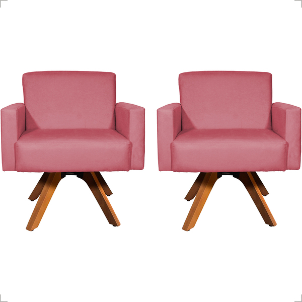 Kit 2 Poltronas Decorativas Hope Base Giratória Suede Rosê Pé