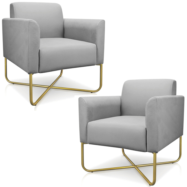Kit 2 Poltronas Decorativas Isabella Base X Suede Cinza/doura