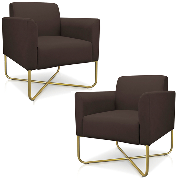 Kit 2 Poltronas Decorativas Isabella Base X Suede Marrom/dour