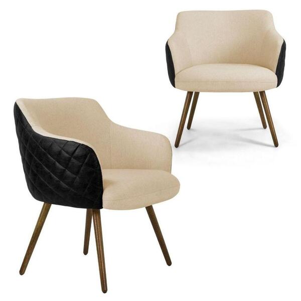 Kit 2 Poltronas Decorativas Linho Bege Sintético Preto Matela