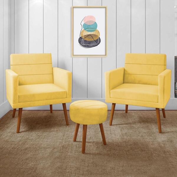 Kit 2 Poltronas Decorativas Nina + Puff Veludo Amarelo - Vs D