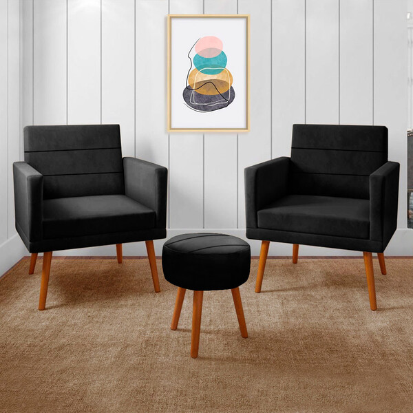 Kit 2 Poltronas Decorativas Nina + Puff Veludo Preto Star Con