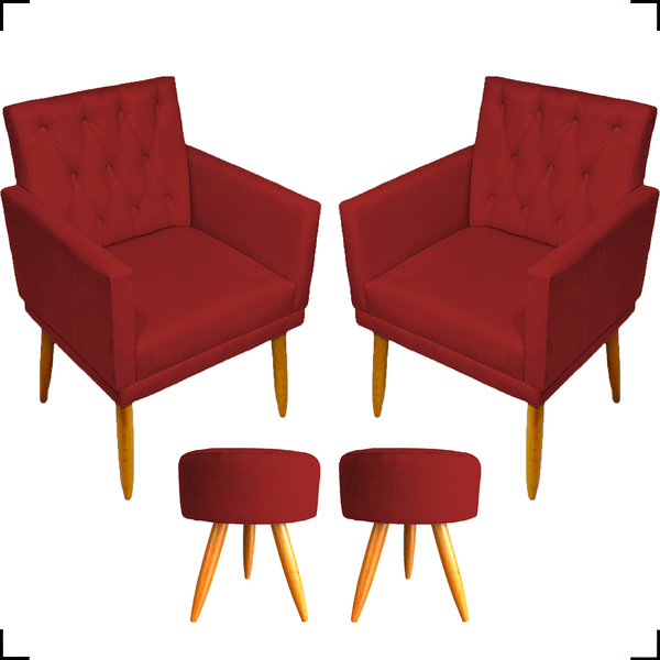 Kit 2 Poltronas Decorativas Nina Com Base E Capitonê + 2 Puff