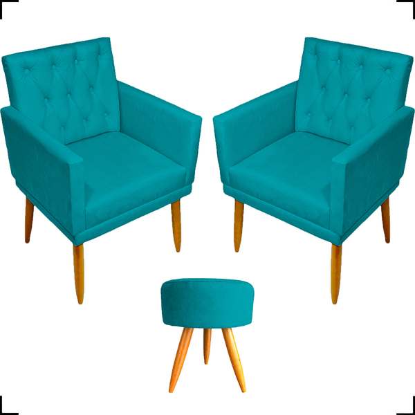 Kit 2 Poltronas Decorativas Nina Com Base E Capitonê + Puff R