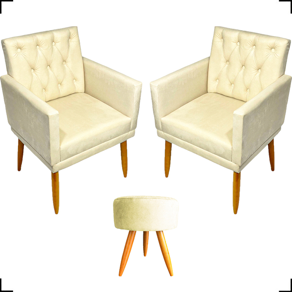 Kit 2 Poltronas Decorativas Nina Com Base E Capitonê + Puff R