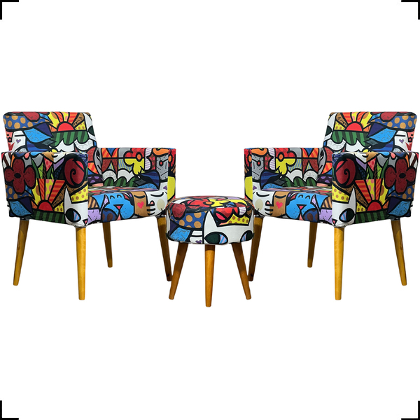 Kit 2 Poltronas Decorativas Para Sala Nina + Puff Estampa Rom