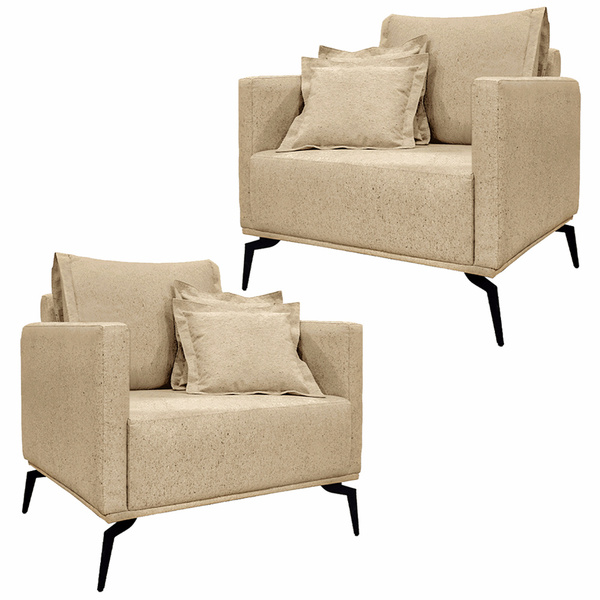 Kit 2 Poltronas Decorativas Pés Em Aço Stagno Linho Bege G63