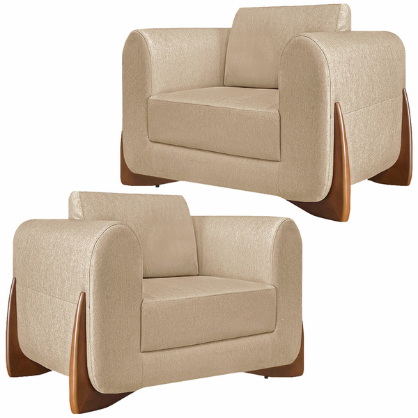 Kit 2 Poltronas Decorativas Pés Em Madeira Buzz Linho Bege G6