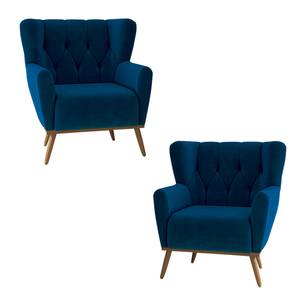 Kit 2 Poltronas Decorativas Pés Madeira Eivissa Veludo Azul M