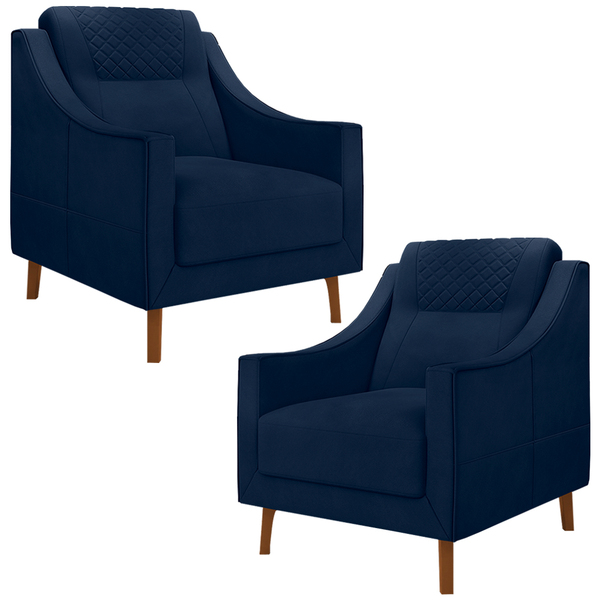 Kit 2 Poltronas Decorativas Pés Madeira Eriksen Veludo Azul M