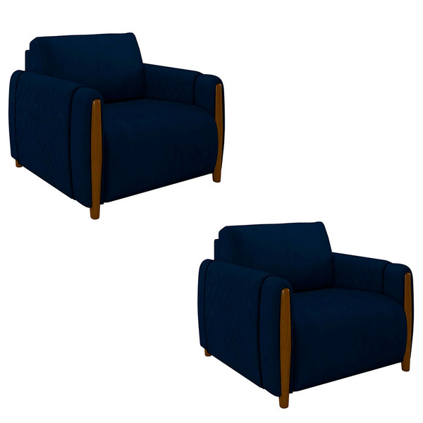 Kit 2 Poltronas Decorativas Pés Madeira Maceió Veludo Azul Ma