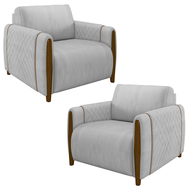 Kit 2 Poltronas Decorativas Pés Madeira Maceió Veludo Cinza G