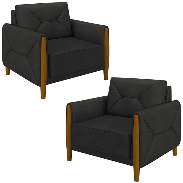 Kit 2 Poltronas Decorativas Pés Madeira Maragogi Pu Preto G45