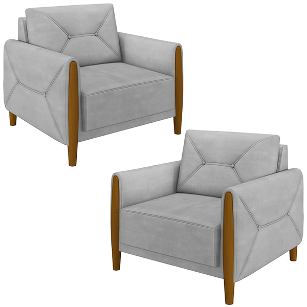 Kit 2 Poltronas Decorativas Pés Madeira Maragogi Veludo Cinza