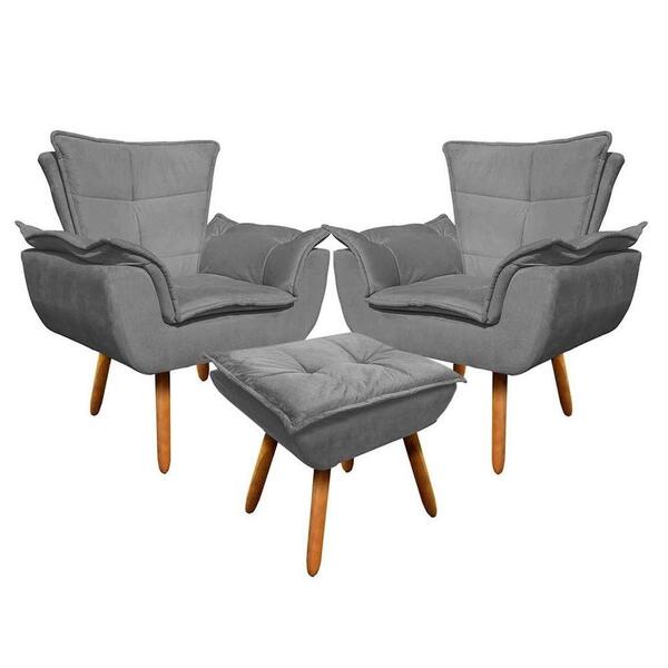 Kit 2 Poltronas Decorativas Pés Palito Com Puff Opla Suede Gr