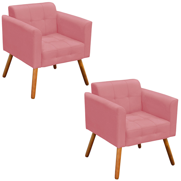 Kit 2 Poltronas Decorativas Pés Palito Karen Suede Rosê G19 -