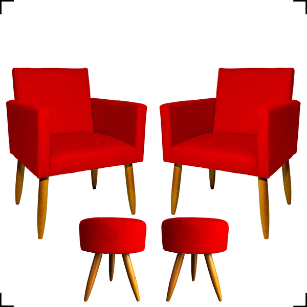 Kit 2 Poltronas Decorativas Reforçadas Para Sala Nina + 2 Puf