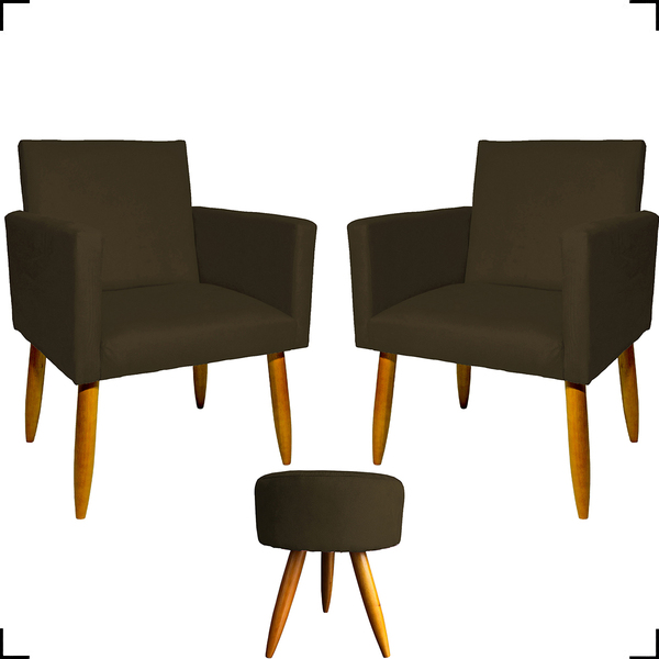 Kit 2 Poltronas Decorativas Reforçadas Para Sala Nina + Puff