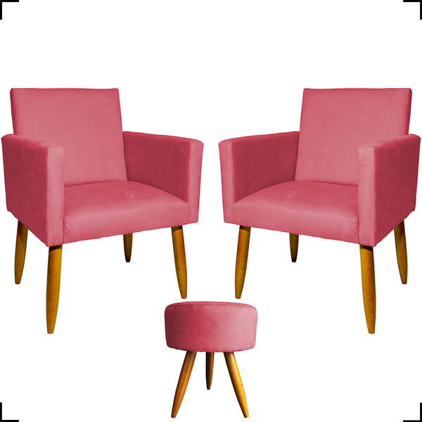 Kit 2 Poltronas Decorativas Reforçadas Para Sala Nina + Puff