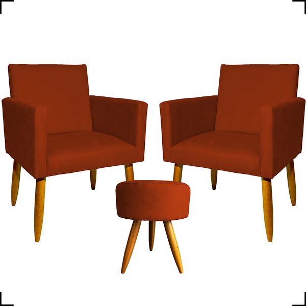 Kit 2 Poltronas Decorativas Reforçadas Para Sala Nina + Puff