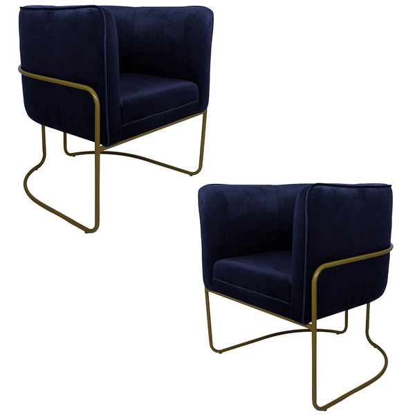 Kit 2 Poltronas Decorativas Romênia Pés De Aço Veludo Azul Ma