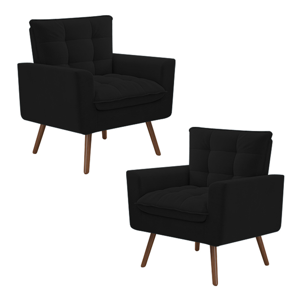 Kit 2 Poltronas Decorativos Pés De Madeira Íxeres Veludo Pret