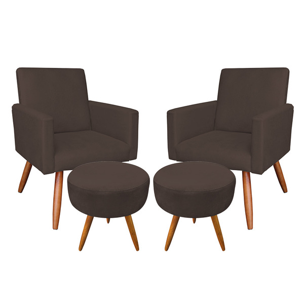 Kit 2 Poltronas E 2 Puffs Banqueta Redonda Nina Suede Marrom