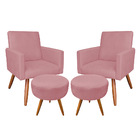 Kit 2 Poltronas E 2 Puffs Banqueta Redonda Nina Suede Pés Pal