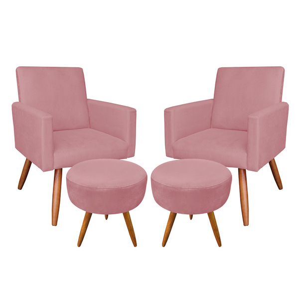 Kit 2 Poltronas E 2 Puffs Banqueta Redonda Nina Suede Pés Pal