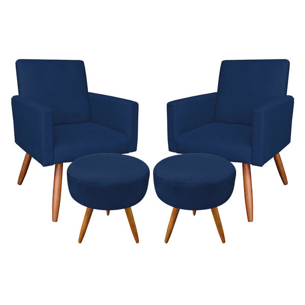 Kit 2 Poltronas E 2 Puffs Banqueta Redonda Nina Suede Pés Pal