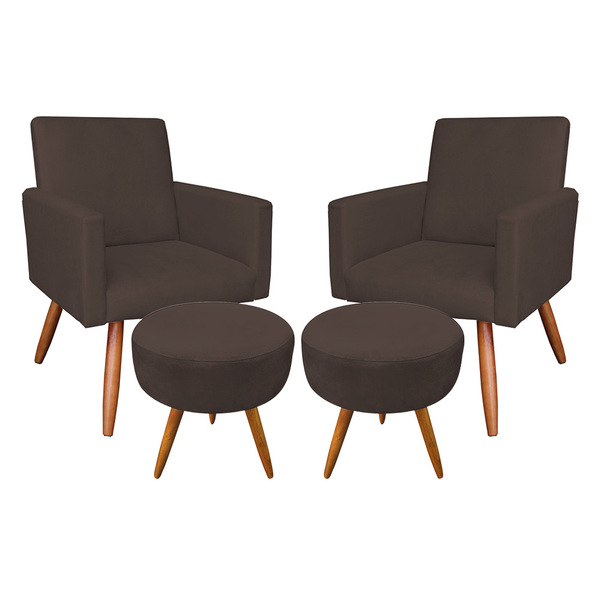 Kit 2 Poltronas E 2 Puffs Banqueta Redonda Nina Suede Pés Pal