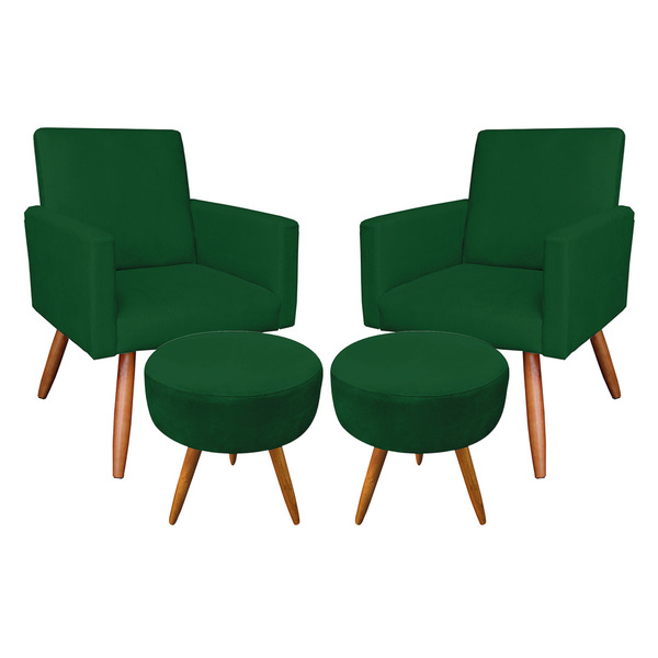 Kit 2 Poltronas E 2 Puffs Banqueta Redonda Nina Suede Pés Pal