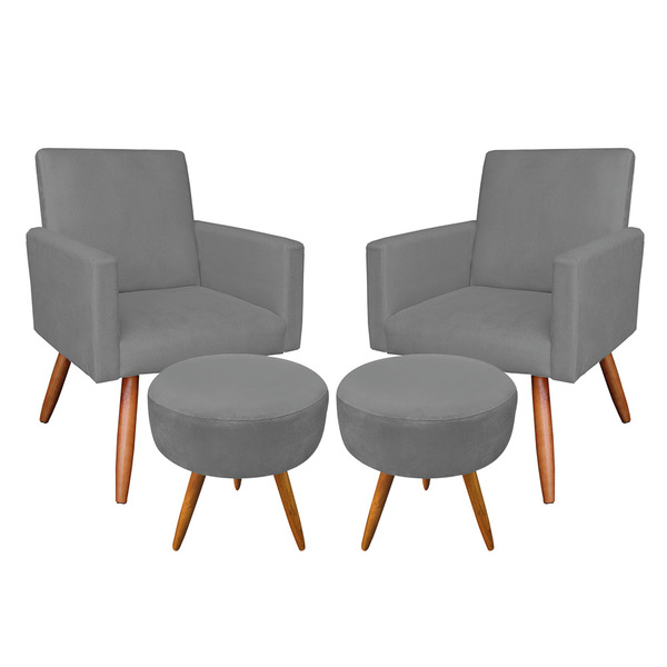 Kit 2 Poltronas E 2 Puffs Banqueta Redonda Nina Veludo Grafit