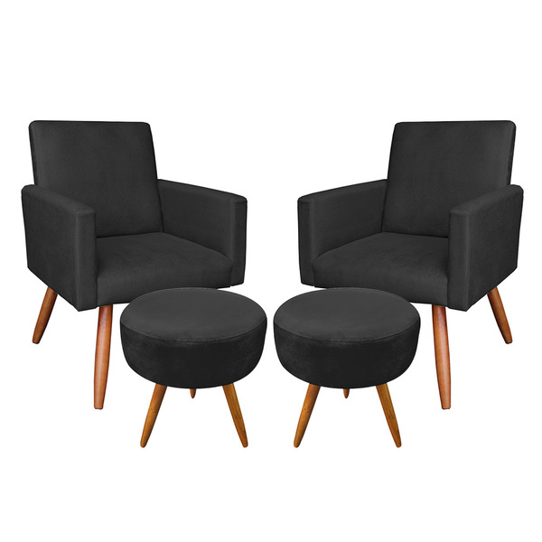 Kit 2 Poltronas E 2 Puffs Banqueta Redonda Nina Veludo Pés Pa